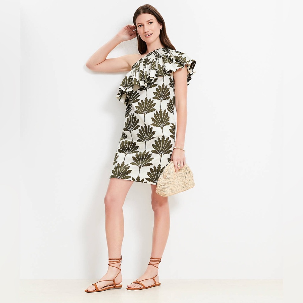 NWT LOFT One Shoulder Palm Print Ruffle  Tropical Vacation Dress